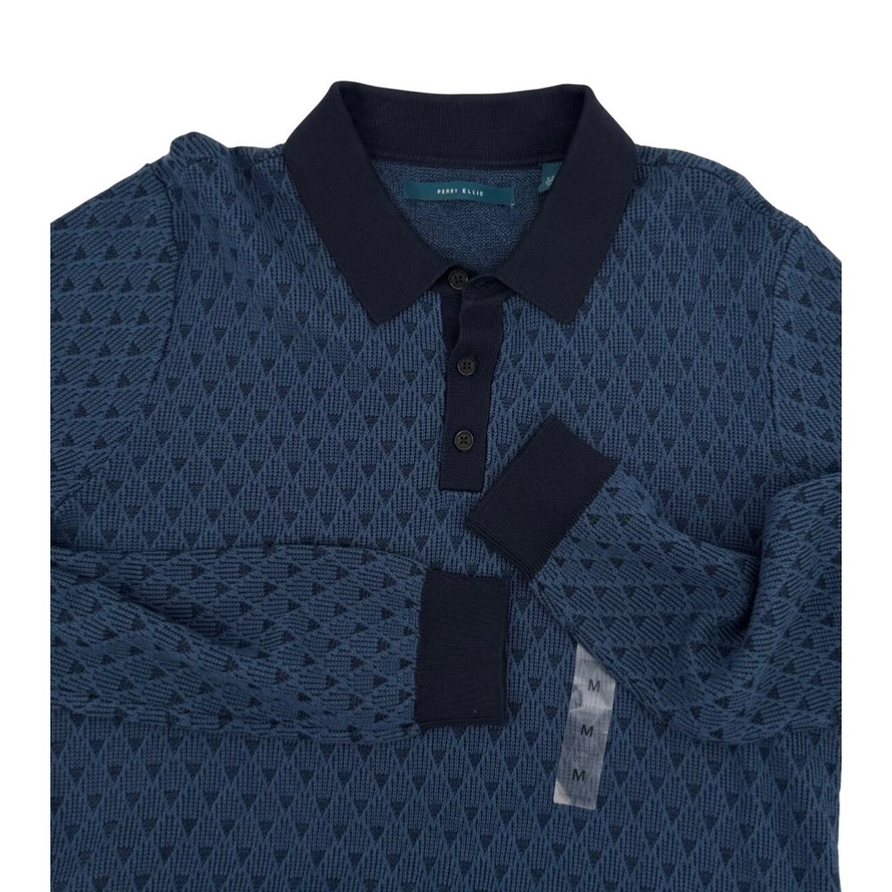 Perry Ellis Cotton Modal Long Sleeve Polo Sweater Men Medium Blue Geometric